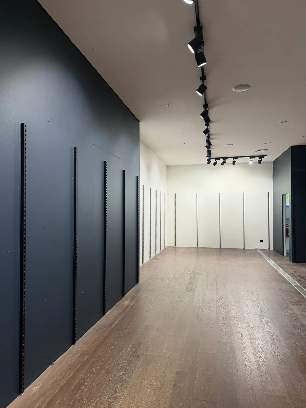 Commercial showroom with navy panelled walls and white ceiling